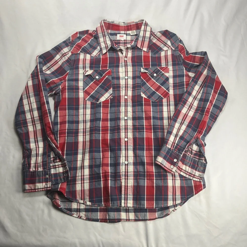 Levi's Western Pearl Snap Shirt XXL Red‎ Blue Plaid Long Sleeve Cotton Yoke
